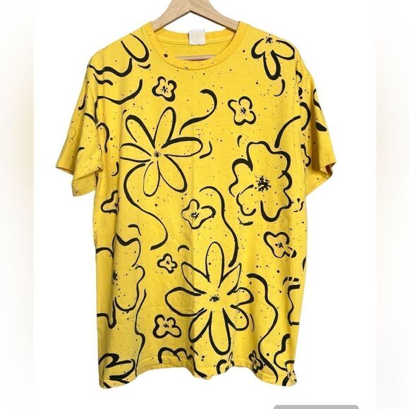 Vintage 90’s tee shirt all over floral print yellow black O/S grunge emu indie - Picture 1 of 8